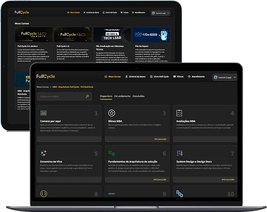 Plataforma de cursos aberta no notebook e no tablet, com os módulos do MBA e o progresso de cada um.