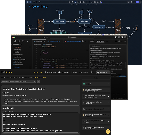 Um desafio prático em três camadas: o diagrama de system design, o código em Go no editor e o enunciado do desafio Ingestão e Busca Semântica com LangChain e Postgres na plataforma Full Cycle.