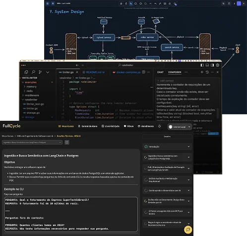 Um desafio prático em três camadas: o diagrama de system design, o código em Go no editor e o enunciado do desafio Ingestão e Busca Semântica com LangChain e Postgres na plataforma Full Cycle.