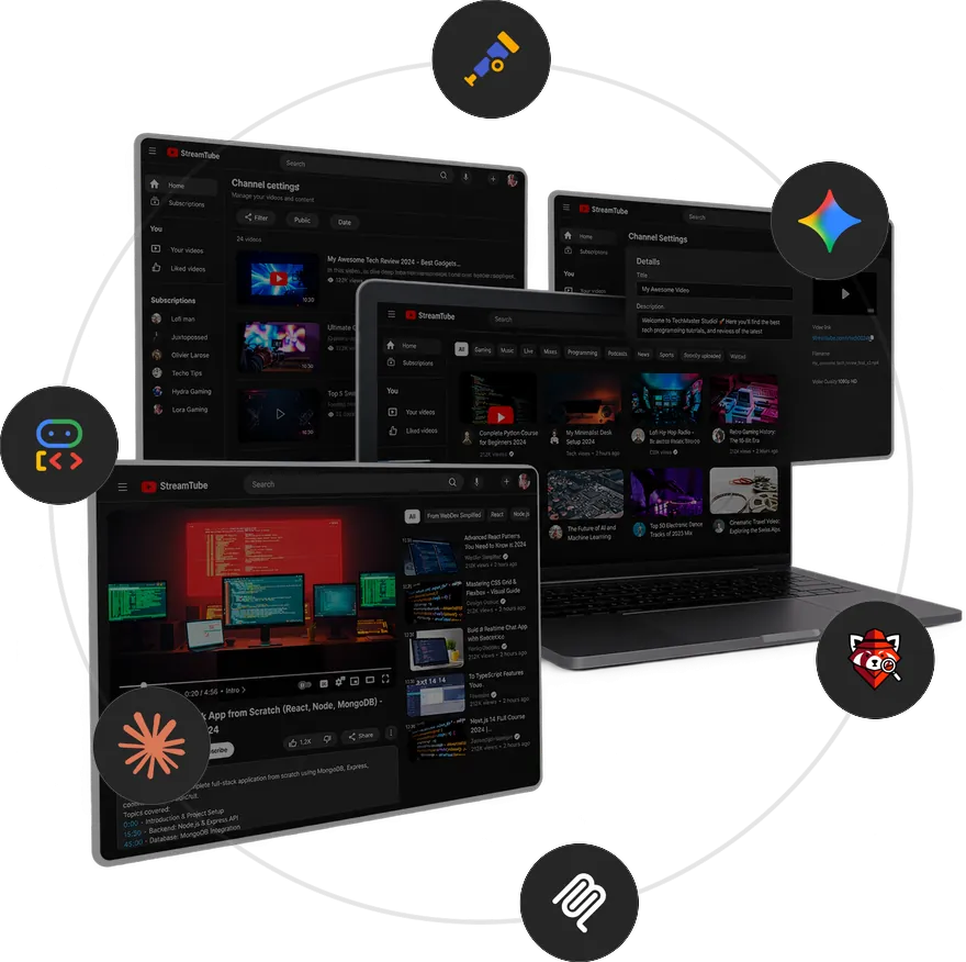 Telas do StreamTube, a plataforma de vídeos construída no MBA, no notebook e em janelas, cercadas pelos logos das tecnologias usadas