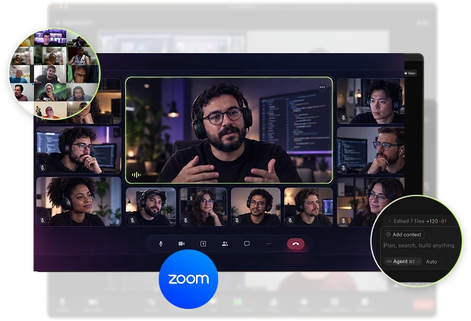 Uma talk ao vivo pelo Zoom: o especialista falando em destaque, cercado pelos alunos em vídeo, com o editor de código aberto ao lado.